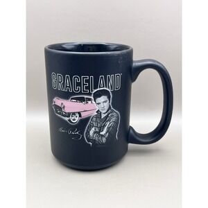 Vtg Elvis Presley Graceland Matte Black Coffee Mug Pink Cadillac Souvenir Large